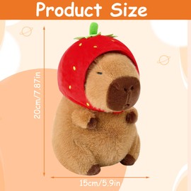 Capybara Kuscheltier, 25cm Capybara Plüschtier Con Abnehmbarer Erdbeerhut, Simulation Kawaii Stofftier Capybara, Kissen Spielzeug Wurfkissen Geschenk für Kinder Mädchen, Jungen, 3+ Jahre, Erwachsener