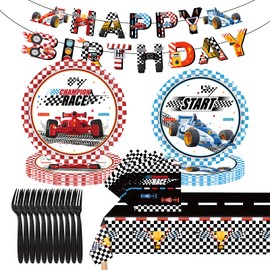 82PCS Race Car Party Decorations: Include Racing Car Happy Birthday Flag Banner Checkered Tablecloths Paper Plates Napkins Forks for Boys Kids Race Car Theme Party Birthday Decorations Supplies
