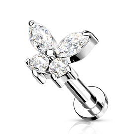 Pierced Owl 16G Stainless Steel Internally Threaded CZ Crystal Butterfly Top Flat Back Lip Cartilage Tragus Stud (Silver Tone/Clear, Bar Length: 6mm)