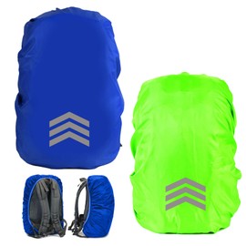 Bncxdc Rain Cover School Bag, Pack of 2 Rain Cover Backpack, 18-30L School Bag Rain Cover, Backpack Rain Cover with Reflective, Suitable for Hiking, Cycling, Camping (Green + Blue)