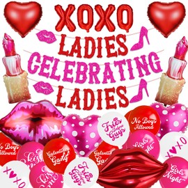 Ladies Celebrating Ladies Red Pink Glittery Banner Lips Lipstick Heart Balloons Girl Lady Happy Galentine’s Day Decorations for Valentines Theme Party Decorations Supplies Decor
