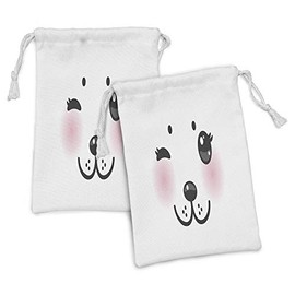 Lunarable Kawaii Fabric Pouch Set of 2, Japanese Anime Dog Face with Giant Eyes and Pink Cheeks Doodle Character, Small Drawstring Bag for Toiletries Masks and Favors, 9" x 6", Pale Pink Black White