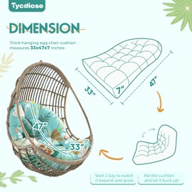 Tycdiose Egg Chair Cushion Replacement, Waterproof Outdoor Hanging Egg Swing Chair Cushions Pads, U-Shaped Thickened Cushions for Hanging Eggs Chair with Ties, 47x33x7 Inches (Cyan Floral Leaf)