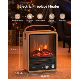 Shinic Electric Fireplace Heaters for Indoor Use,1500W Space Heater with Crackling Sound & 3D Realistic Flame, Safety Protection, Mini Portable Fireplace Heater for Home Christmas Decoration, Walnut