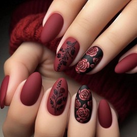 BABALAL Press on Nails Medium Almond Fake Nails Burgundy Red Glue on Nails Black Rose Design Coquette Acrylic Nails Wine Red False Nails Manicure Stick on Nails 24Pcs Stiletto False Nails