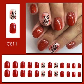 Red Press On Nails Short Square Glitter Fall Fake Nails with Designs Plant Flower False Nails Glossy Full Cover Acrylic Glue On Nails Artificial Red Stick On Nails for Women Girls 24Pcs