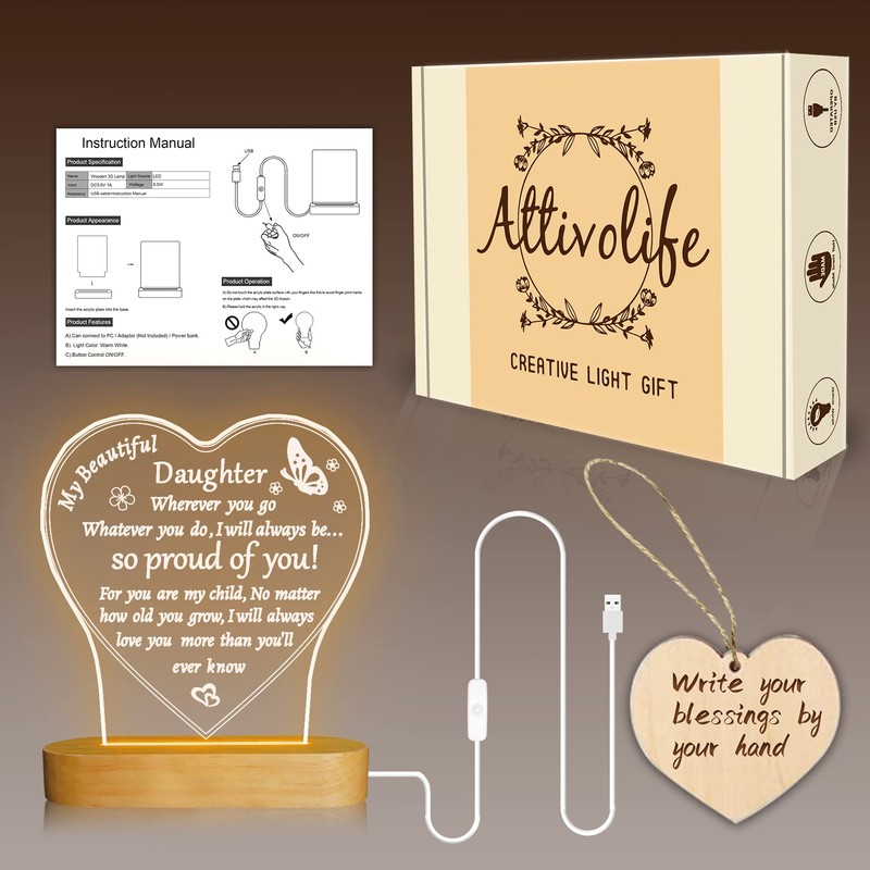 Attivolife Daughter Gift from Parent, 3D Night Light Warm Color