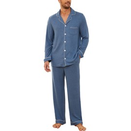 U2SKIIN Men's Long Stretch Pyjamas with Button Placket Pyjamas Set Pyjamas Long Sleeve Sleepwear Loungewear, Dark Navy Mel., L