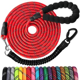 Long Dog Leash 15 FT: Heavy Duty Rope Leashes for Dogs Training with Swivel Lockable Hook Reflective Threads Bungee and Padded Handle - Dog Lead for Large Small Medium Dogs Outside Walking Hiking Red