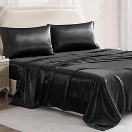 Casa Platino Queen Satin Sheets Set - 4 Pieces - Super Soft Like Silk - 1 Deep Pocket Fitted Sheet, 1 Flat Sheet & 2 Queen Pillowcases - All Season Excellent Thermo Regulation - Black Bed Sheets Set