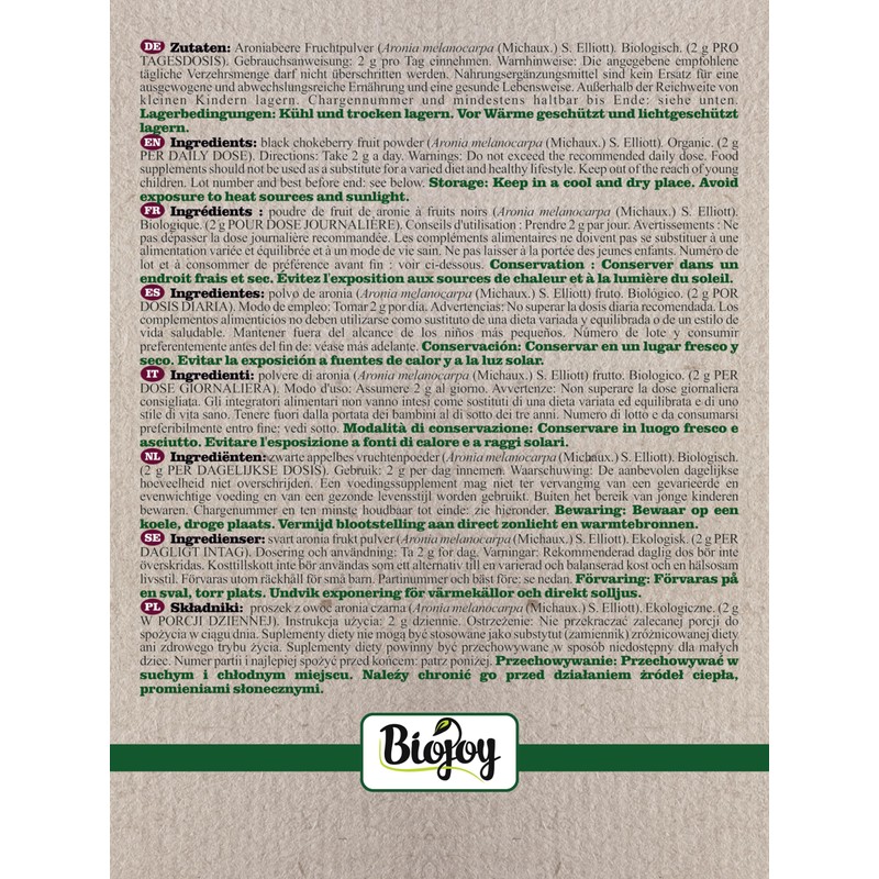 Biojoy Organic Aronia powder free from artificial additives (250 gr)