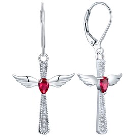 YL Cross Earrings 925 Sterling Silver Angel Wings Leverback Earrings Teardrop Created Ruby Criss Dangle Drop Jewelry