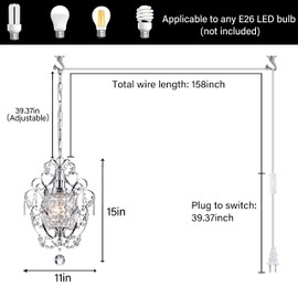 Plug in Pendant Mini Chandelier Lights with K9 Crystal Hanging Lamp with 15Ft Clear Cord & On/Off Switch for Closet Living Room Girls Room Bedroom Nursery
