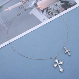 Zeshimb Gothic Silver Cross Necklace Dainty Double Cross Pendant Necklace Baroque Zircon Cross Choker Necklace CZ Diamond Cross Chain Necklace Faith Jewelry Jewelry for Women