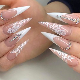 Long Stiletto Press on Nails White French Tip Fake Nails with Design Rhinestone Charm Glue on Nails Artificial False Nails Full Cover Acrylic Nails Stick on Nails for Women 24 Pcs