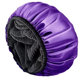 Shower Cap,Extra Large Triple Layer Bathing Cap with Dry Hair Function for Women Microfiber Cloth Waterproof Reusable Long Hair Bath Caps (Purple, One size)