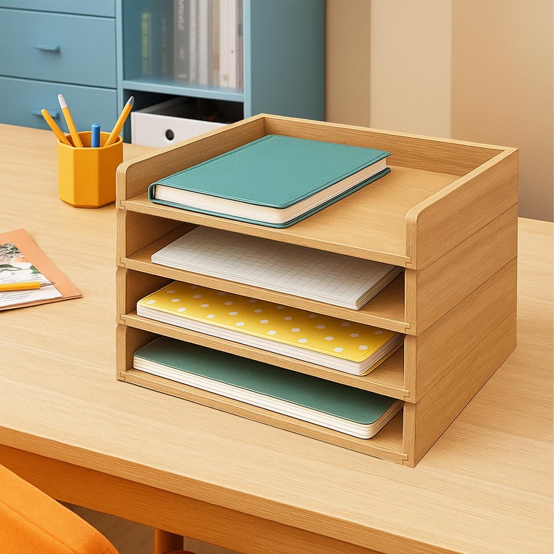 Prolee Stackable Paper Tray,Wooden Paper Organizer for Desk with 4