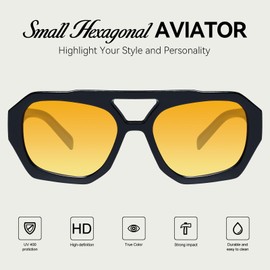 mosanana Trendy Retro Small Aviator Sunglasses for Women Hexagonal Fashion 70s Vintage Cool Stylish Chic 2025 Shades Black Gradient Yellow MS52473