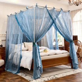 AIKASY Bed Canopy Mosquito Net for 4 Corner Post Beds, Full Size Lace Bed Curtain with Hanging Ribbons and Floral Embroidery, Sheer Netting for Girls and Adults/Peacock Blue