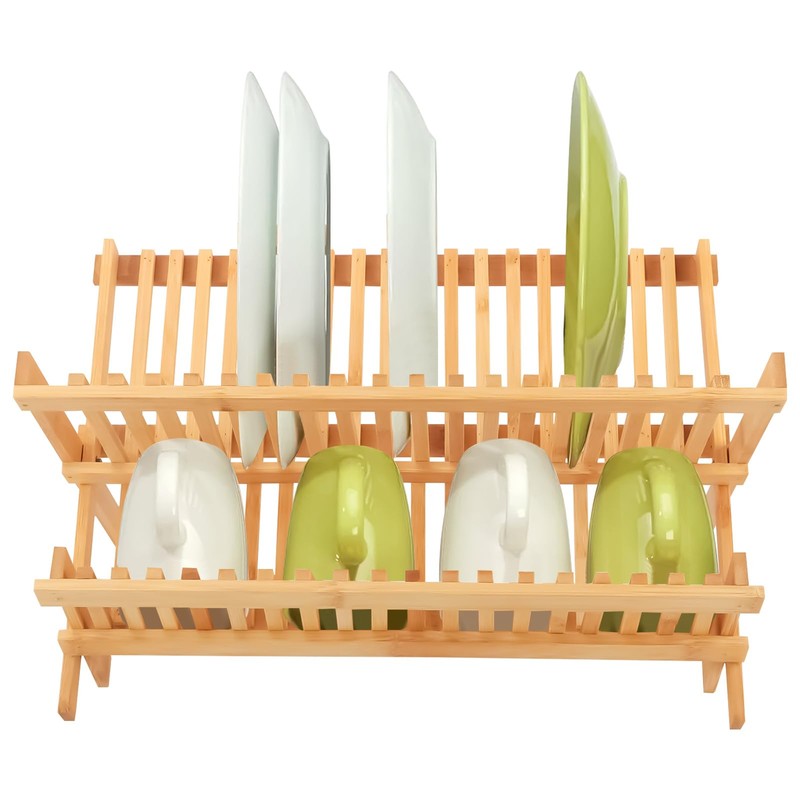 Tefola Bamboo Dish Drying Rack, 2-Tier Foldable Design with Utensil