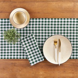 Solino Home Checkered Linen Table Runner 48 Inch - Gingham Check, 100% Pure Linen Green Plaid Table Runner 14 x 48 Inch Ideal for Dresser and Coffee Tables - St Patricks Day Decorations