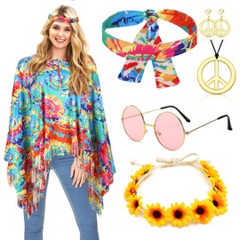 ATOWORLD Hippie Costume Women's Set with Hippie Poncho Women and Accessories Carnival Fancy Dress Costumes Women's Hippie Clothing Women's Boho Flower Power 60s 70s Clothing Women (A)