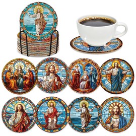 INCOK Jesus Diamond Art Coasters - 8 Pcs DIY Christian Colorful Glass Diamond Painting Coasters Kits for Drinks Coffee Religions Art Craft Table Decor Birthday Inspirational Easter Gift for Beginners