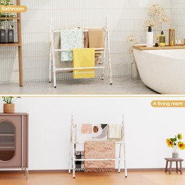 Delywh 6-Tier Wide Double Blanket Ladder Wood, Rustic Decorative Towel Rack for Big Blanket, Towel, Quilt, Clothes - Freestanding Blanket Holder Towel Ladder Decor Stand for Living Room, Bedroom