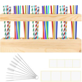 Anglekai 1+18PCS Wooden Straw Holder for Cabinet, Detachable Cupboard Straw Organizer for Counters with 8PCS Adhesive Tape/ 10PCS Brushes