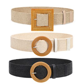 JASGOOD 3 Pack Elastic Wide Belts for Women- Fashion Straw Woven Elastic Stretch Waist Band Belt Summer Bohemian Ladies Beach Dress Belts