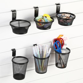 Affrolling 6 Sets Slatwall Cups with Hook Loops Mesh Steel Slat Wall Bin Pencil Holder Slatwall Accessories Paperclip Organizer Holders for Tools Storage Workshop Garage Workbench