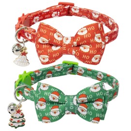 HSIGIO Christmas Cat Collar with Bells, Breakaway Cat Bowtie Collars, Red Green Christmas 2 Pack Safety Kitten Collars for Girl Female Boy Male Cats