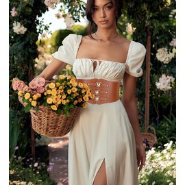 Wovanoo Women Stretchy Belt for Dresses Vintage Elastic Wide Waist Belt PU Leather Corset Cinch Belt Brown65cm