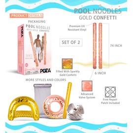 POZA 2 Pack Inflatable Pool Noodles - Premium Jumbo Pool Noodle Float, Luxurious Giant Pool Floats Set, Sparkle Gold Confetti Pool Float for Swimming Pool, Beach, River and Lake, 74 Inches - Rose Gold