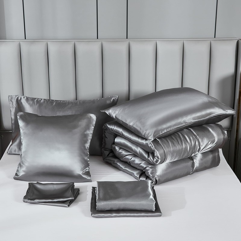 Bedding_Dreamer Silk Like Grey Comforter Set with Sheet Sets Queen