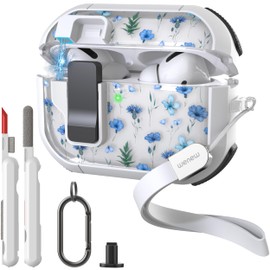 WENEW Case for AirPods Pro & Pro 2 Case Cover Secure Lock Automatic Snap Switch Clip Cleaner Kit Lanyard Women Stylish Flower Full Body Hard Shell Front LED Visible (Blue Flower, AirPods Pro & Pro 2)