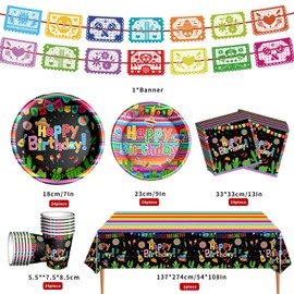 Mexican Fiesta Party Supplies Tableware Set Mexican Cinco De Mayo Themed Tableware with Paper Plates Napkins Cups Tablecloth Banner for Mexican Fiesta Party Decorations, Serves 24