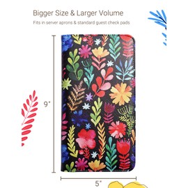 Mymazn Server Book for Waitress, 5x9 Server Book with Zipper, Magnetic Pocket, Pen Holder, Black Server Book with Flower Pattern