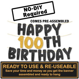 TOYVENTURES 100th Birthday Banner pre strung - NO DIY - Gold Glitter 100th Birthday Decorations for Women & Men, Party Banner - Party Decor Sign Funny Party Supplies, Did we mention NO DIY?