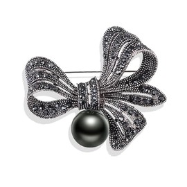 Vintage Rhinestone Crystal Bow Brooch Pin with Black Pearl for Women Delicate Black Bow Brooch Classic Antique Victorian Style Prom Wedding Jewelry-B