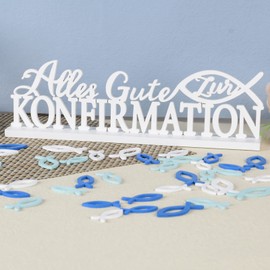 Pack of 37 Confirmation Table Decoration Wooden 1 Piece Lettering Alles Gute zur Konfirmation 36 Pieces Confetti Decoration Fish Wood Decoration for Confirmation Christening Communion Boy Girl