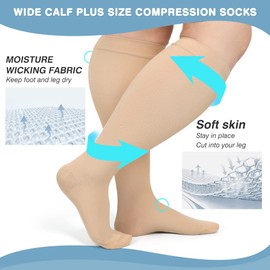 AKSO MEDICOS Plus Size Compression Socks, 20-30 mmHg Compression Socks for Women & Men, Wide Calf Knee High Stocks for Circulation Support Varicose Veins Swelling Edema,Beige 2XL