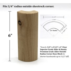 3/4" x 2 1/4" x 6" Clear Superior Grade Alder & Knotty Premium Grade Alder Outside Radius Corner Base Block Bullnose - Fits 3/4" Radius, Trim Molding (3, Knotty Alder)