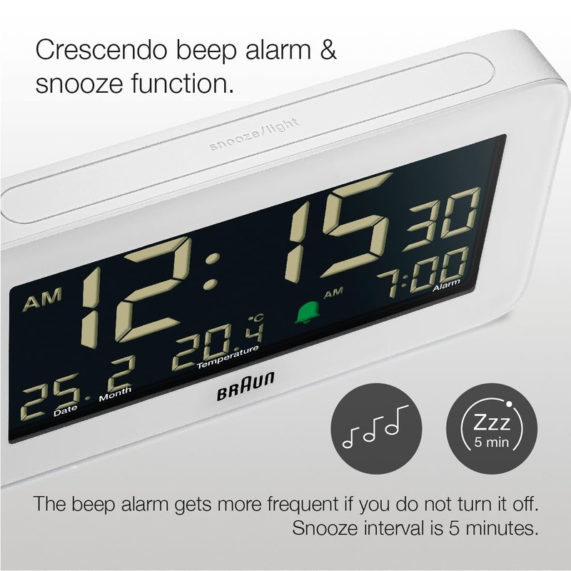Braun Digital Alarm Clock with Date, Month and Temperature Displayed,