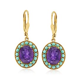Ross-Simons Turquoise and 5.00 ct. t.w. Amethyst Drop Earrings in 18kt Gold Over Sterling