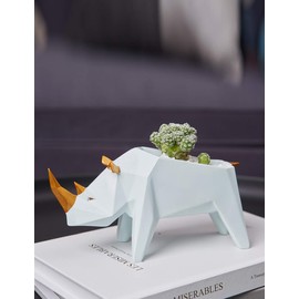 HAUCOZE Decorativa Figura Rhino Escultura Macetas de Planta Suculenta Resina Regalo 18cm