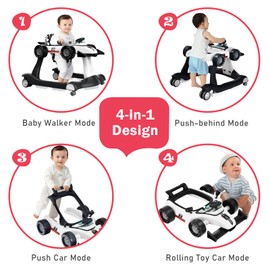 BABY JOY 4-in-1 Baby Walker, Foldable Activity Walker with Adjustable Height & Speed, Music, Lights, Anti-Rollover, Toddler Push Walker, Baby Walker with Wheels for Boys Girls 6-18 Months (White)