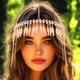 Aukmla Leaf Head Chain Gold Headpiece Cap Festival Costume Headband Hair Chains for Women