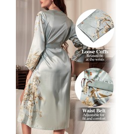 Women's Silk Kimono Bath Robe Flower Prints Satin Bathrobe Long Sleeve V Neck Lightweight Elegant Sleepwear Housewear Soft Cozy Pajama for Spring 2025