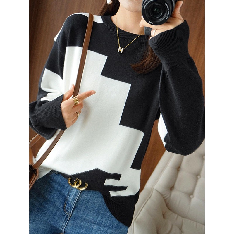 unifiss 033A Knit, Bi-Color, Pattern, Crew Neck, Long Sleeve, Cute,